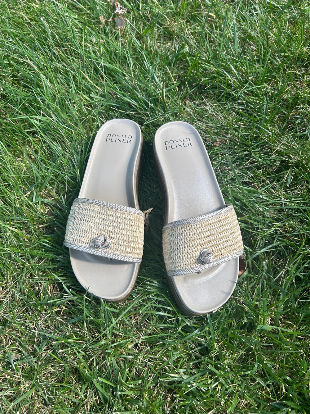 Donald J. Pliner Natural Raffia Slide Sandals with Taupe Footbed